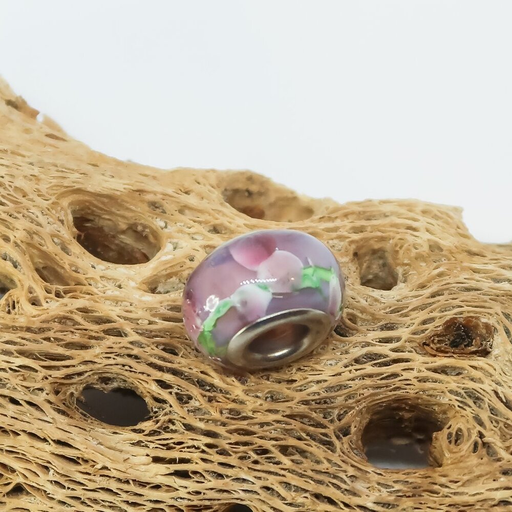 Purple Floral European Glass Charm Bead with Silver Core Center